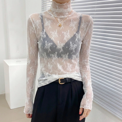 白色高领蕾丝网纱打底衫女内搭