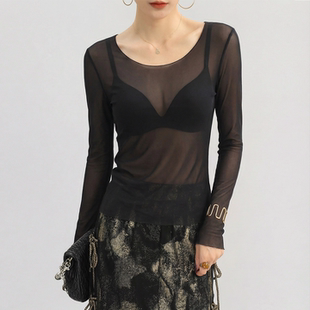 黑色大领口防晒罩衫 t恤薄 薄纱透明蕾丝网纱上衣女轻奢高级感长袖