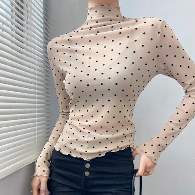 波点卡其色半高领打底衫女秋冬