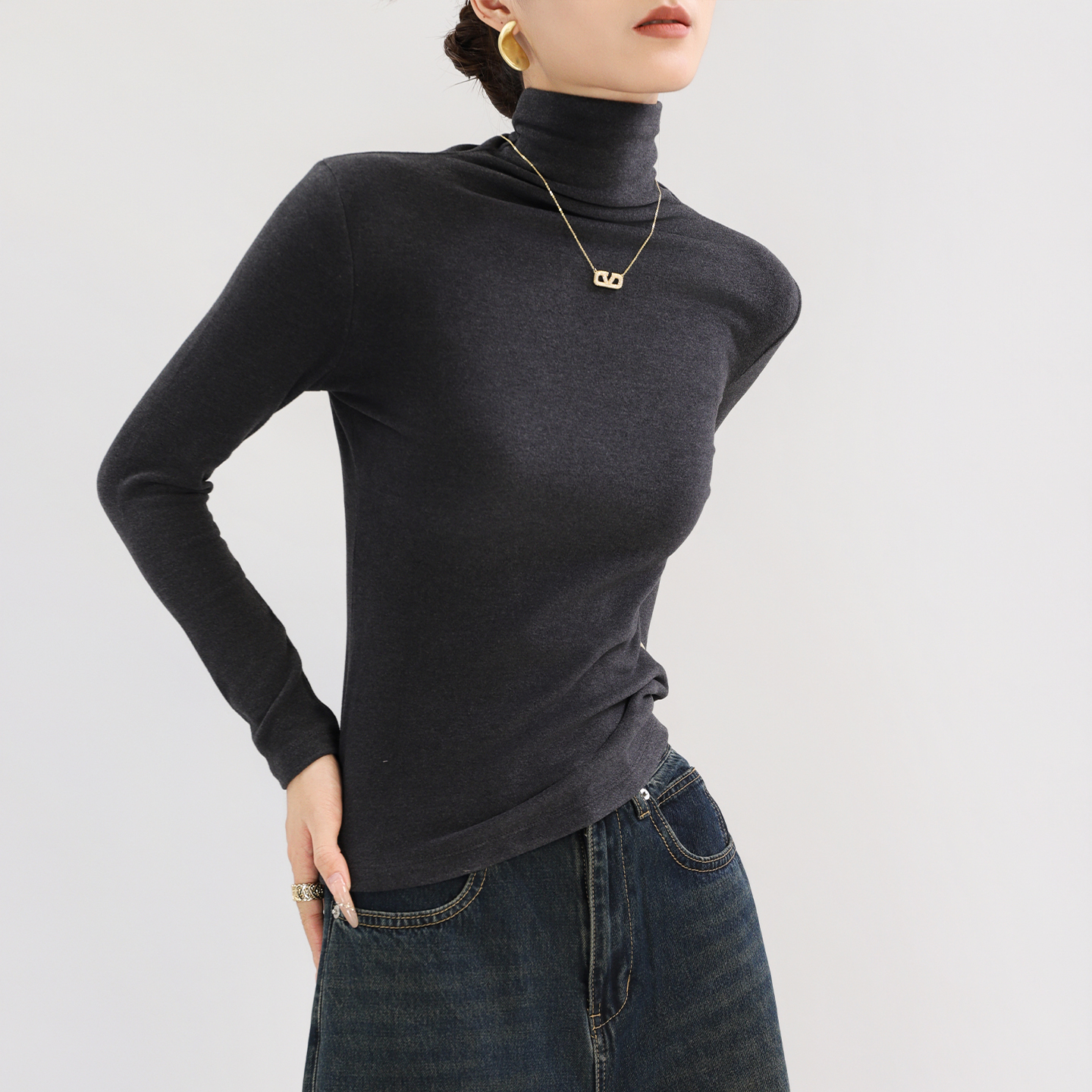 高领双面德绒打底衫女可外穿加绒