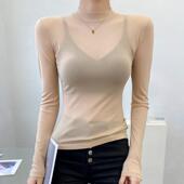 杏色半高领蕾丝打底衫 性感长袖 女网纱上衣高级感罩衫 薄纱微透薄款