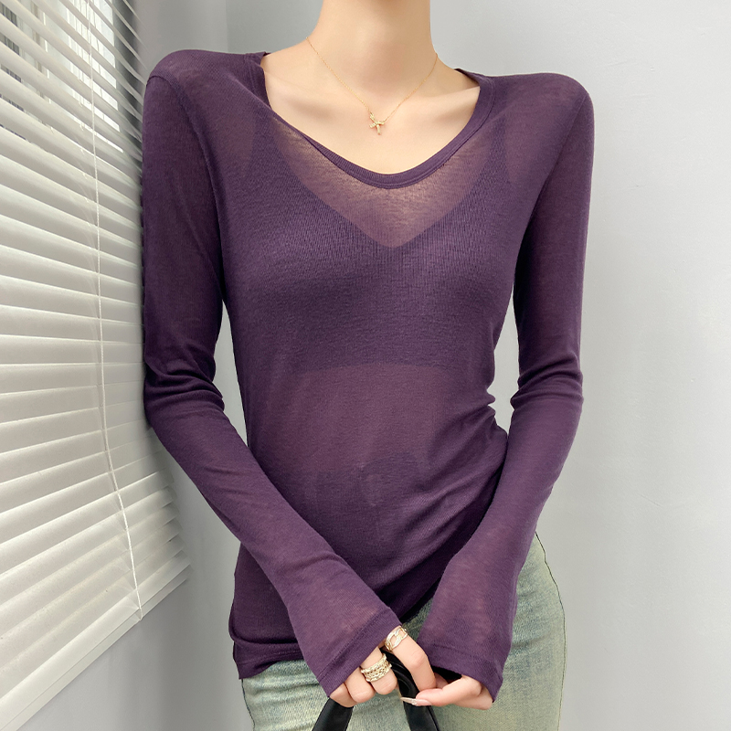 天丝羊毛紫色U领2025网红爆款t恤
