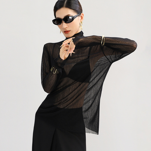 内搭打底衫女黑色高领蕾丝网纱可外穿薄款宽松透明上衣轻奢高级感