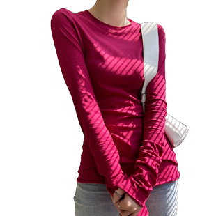 火龙果打底衫女2026新款秋冬内搭t恤薄款长袖长款圆领玫红色上衣