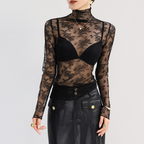 黑色高领蕾丝网纱打底衫女高端