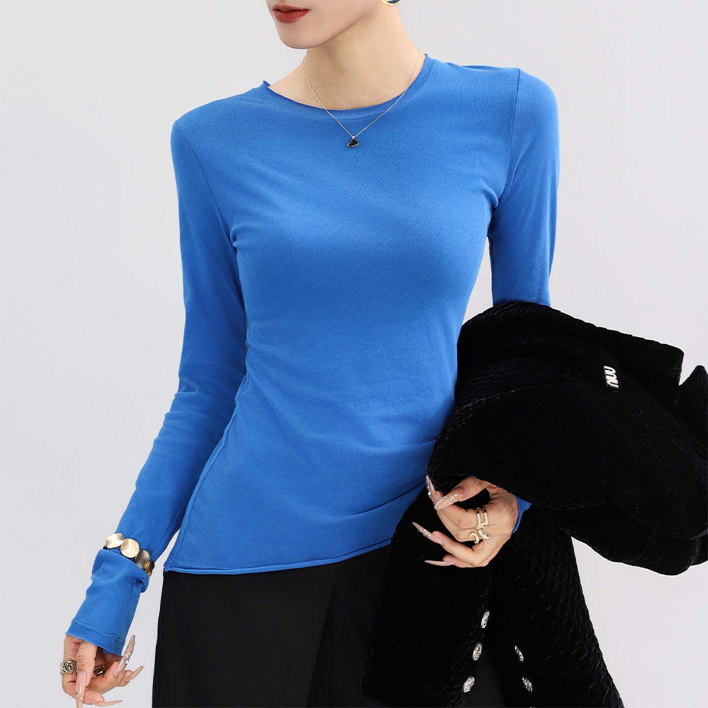 蓝色圆领早秋内搭打底衫女长袖高端巨好看韩系修身上衣可外穿t恤,女装/女士精品,T恤,淘宝优惠券,粉丝福利购,淘宝优惠卷