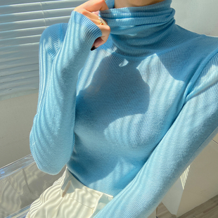 细羊毛高领打底衫女秋冬内搭彩色堆堆领薄款针织衫可外穿女士上衣