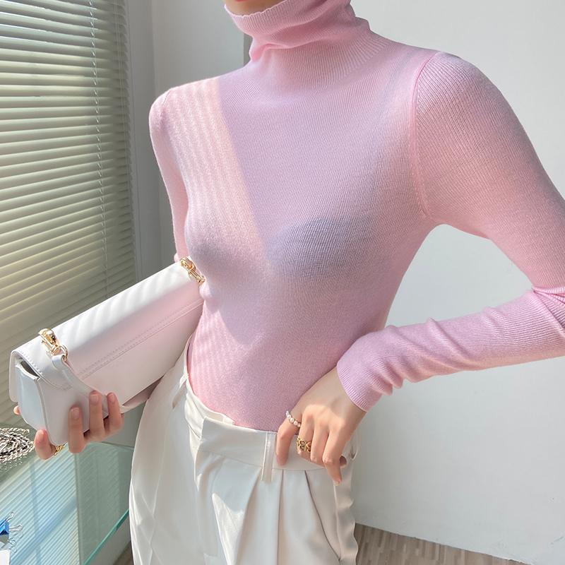 粉色高领羊毛打底衫女秋冬内搭
