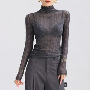 灰色高领蕾丝打底衫女2026新款高级感内搭网纱叠穿木耳边薄透上衣