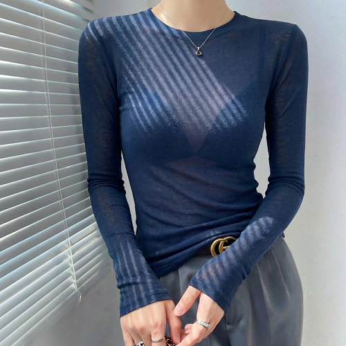圆领打底衫女藏蓝色防晒罩衫上衣