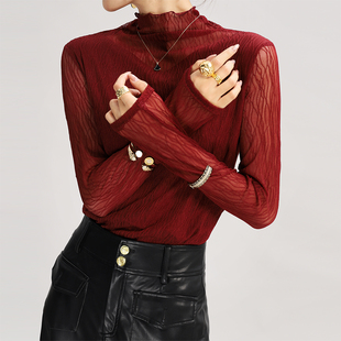 红色高领打底衫女2026新款轻奢高级感透视网纱内搭品牌高端上衣薄