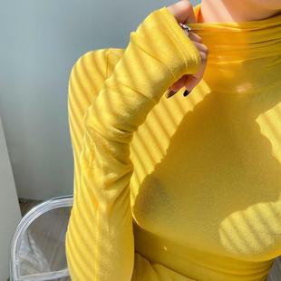黄色高领打底衫女秋冬薄款微透内搭高级感紧身洋气堆堆领女士上衣