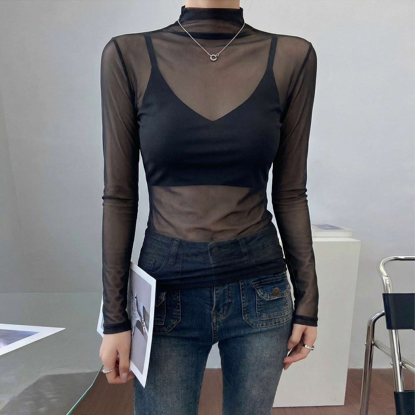 黑色2026新款蕾丝打底衫女高级感网纱叠穿半高领内搭修身洋气上衣,女装/女士精品,T恤,淘宝优惠券,粉丝福利购,淘宝优惠卷