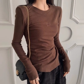 内搭加绒圆领t恤长袖 加厚修身 咖色上衣 女秋冬2025新款 磨毛打底衫