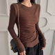 内搭加绒圆领t恤长袖 加厚修身 咖色上衣 女秋冬2025新款 磨毛打底衫