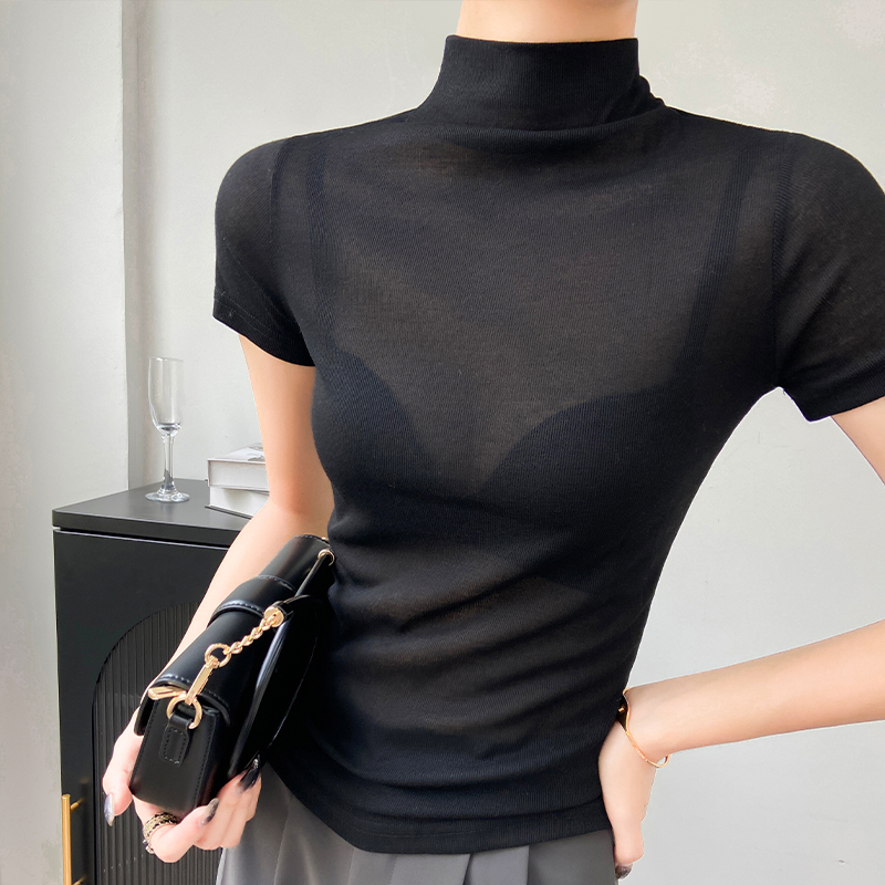 网纱短袖t恤女正肩黑色上衣