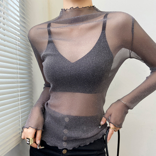 灰色半高领蕾丝打底衫女高级感设计感独特别致透视高端网纱上衣薄