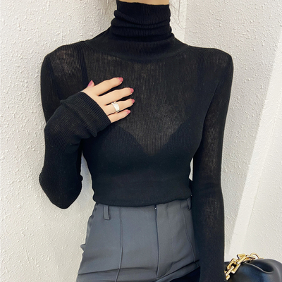 高领黑色羊毛针织打底衫毛衣轻奢