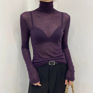 紫色高领打底衫女2025新款今年流行爆款薄款修身微透内搭上衣长袖