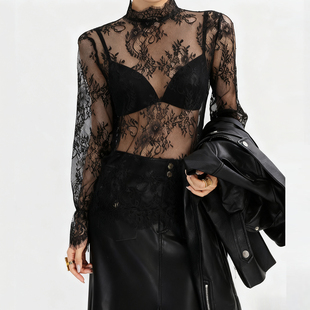 上衣 超好看宽松爆款 黑色半高领叠穿蕾丝花边打底衫 女透视网纱长袖