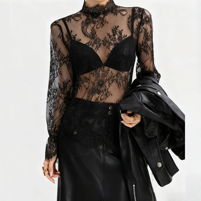 黑色半高领叠穿蕾丝花边打底衫女