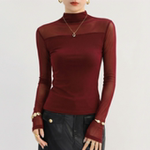 半高领蕾丝打底衫 红色上衣冬 女加绒加厚内搭保暖拼接网纱巨好看