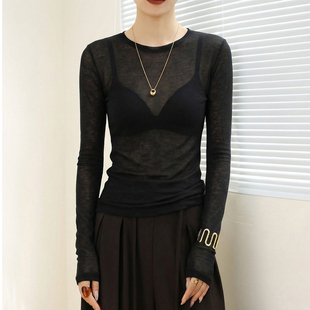 黑色圆领打底衫高级感品牌正品高档修身微透内搭可外穿精致上衣薄