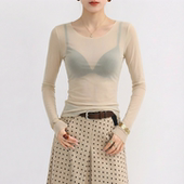 T恤 上衣女薄网纱超好看轻奢高级感绝美轻薄长袖 杏色圆领修身 薄款