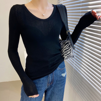 黑色v领羊毛针织打底衫女内搭