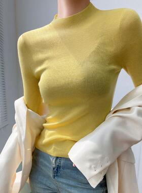 黄色半高领羊毛针织衫薄款微透内搭可外穿毛衣2025超好看的打底衫