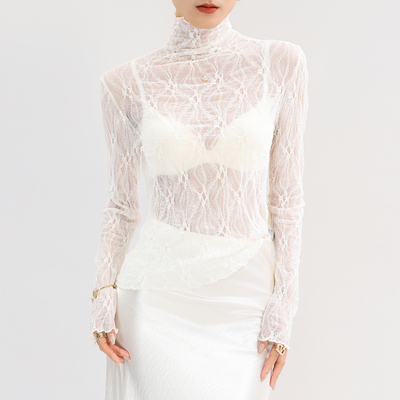 高领蕾丝打底衫女内搭白色网纱