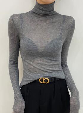 高领打底衫女2025新款修身灰色内搭高级感高端轻奢微透纯欲上衣薄