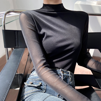 黑色半高领蕾丝打底衫女2025秋冬