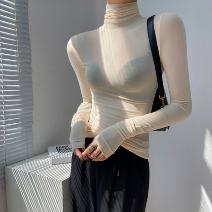 高领打底衫2025新款女高级感早秋内搭薄纱堆堆领上衣透视薄款t恤