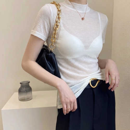 白色薄款短袖t恤女半高领夏季