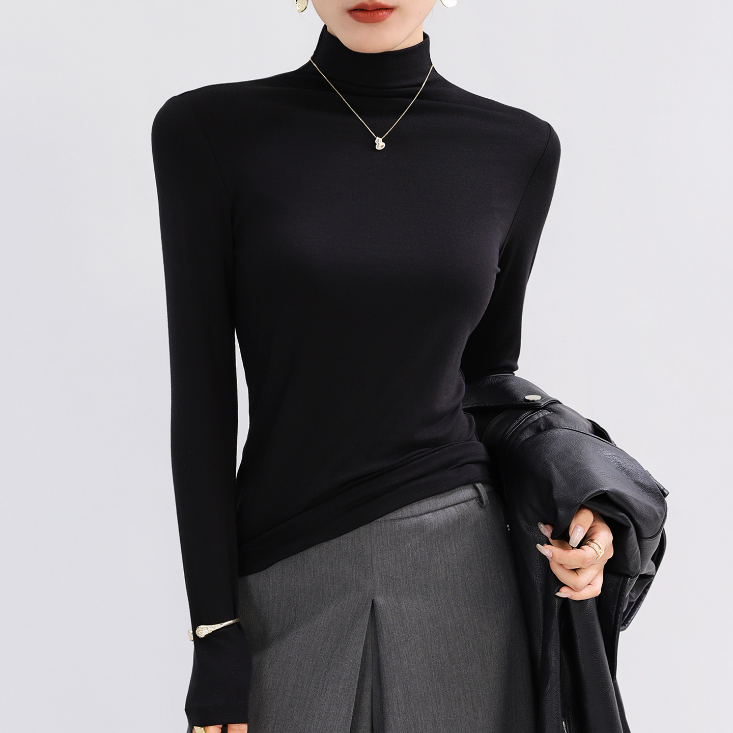 黑色高领打底衫女秋冬长袖修身
