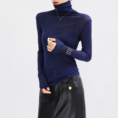 高领藏蓝色网纱打底衫女内搭修身