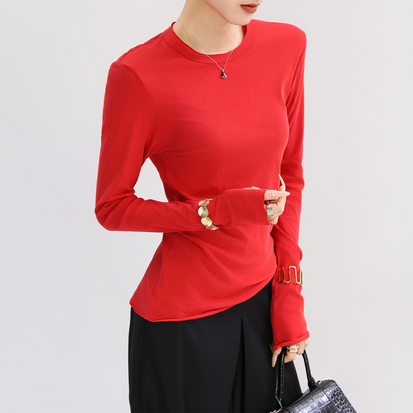 巨好看的红色打底衫女早秋内搭