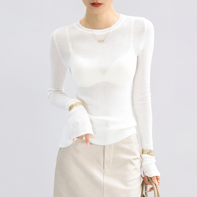 白色巨好看的高质量针织上衣微透
