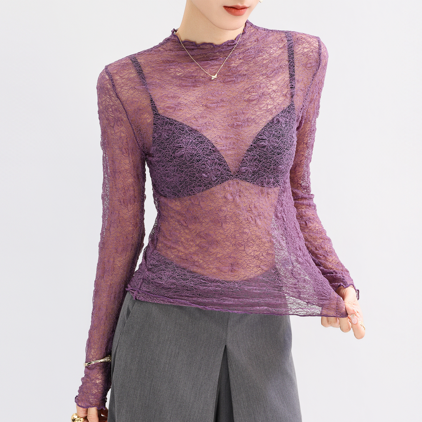 半高领超漂亮紫色蕾丝网纱打底衫女内搭叠穿透明镂空上衣高级感薄,女装/女士精品,蕾丝衫/雪纺衫,淘宝优惠券,粉丝福利购,淘宝优惠卷