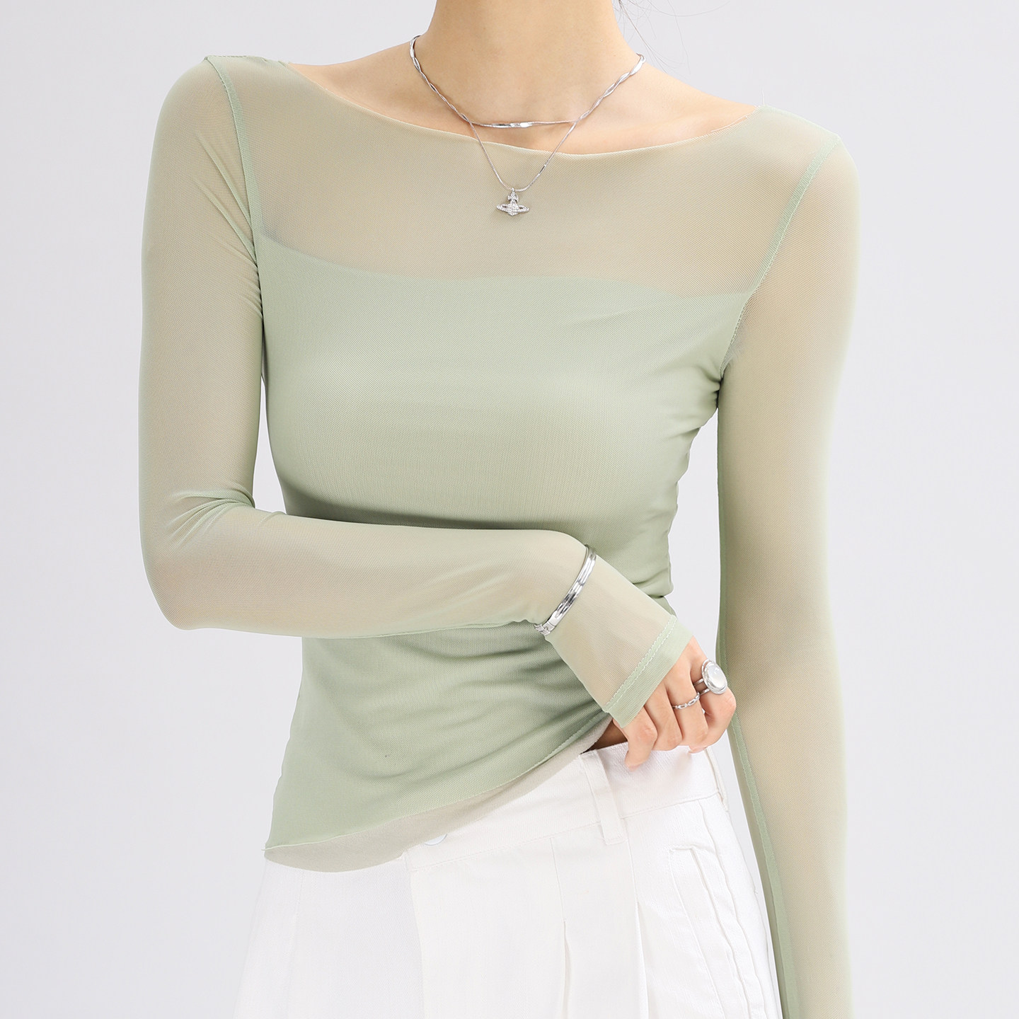 网纱上衣高级感独特漂亮绿色透视罩衫绝美轻薄蕾丝打底衫女高端薄