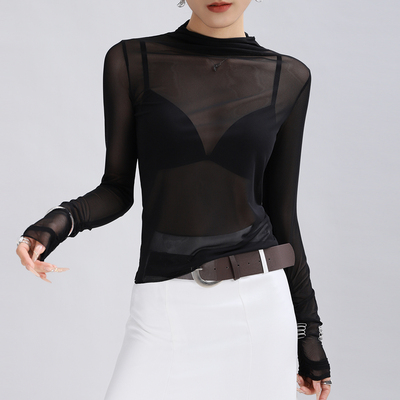 蕾丝打底衫女内搭半高领黑色网纱