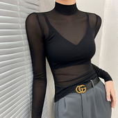 半高领蕾丝网纱打底衫 女内搭早秋透明纱衣高端黑色t恤透视上衣薄