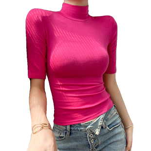 玫红色正肩高领半袖打底衫女2024新款秋冬内搭紧身彩色多巴胺上衣