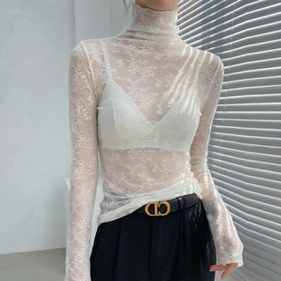 白色内搭绝美打底衫蕾丝高领叠穿绝美透视网纱可外穿上衣女高级感