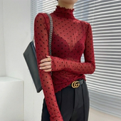 内搭叠穿绝美透视网纱上衣高级感 长袖 红色波点蕾丝打底衫 2026新款