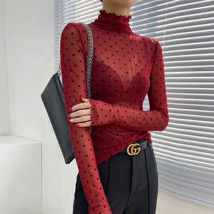 红色波点蕾丝打底衫2026新款长袖内搭叠穿绝美透视网纱上衣高级感