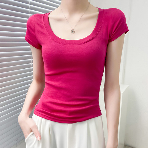 玫红色U领t恤女夏短袖女正肩洋气
