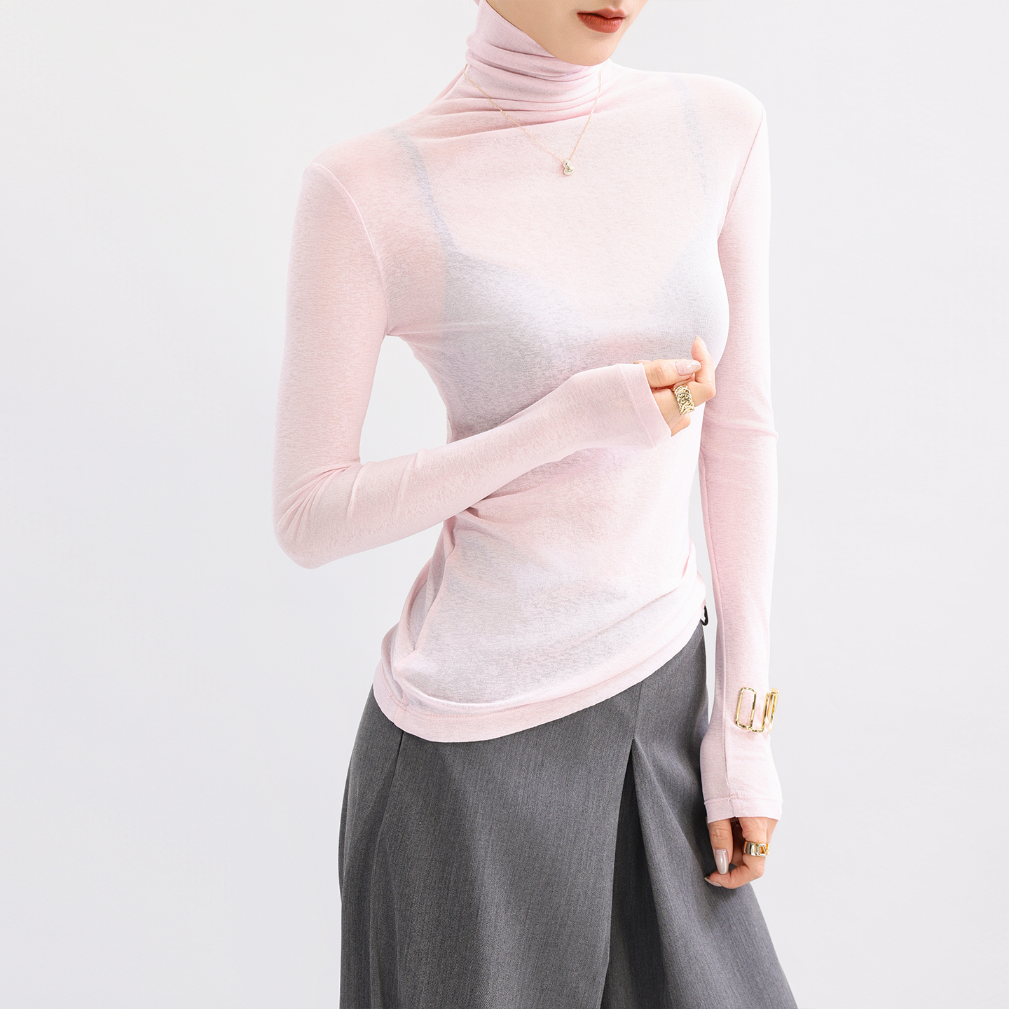 巨好看的粉色上衣女高领高级感