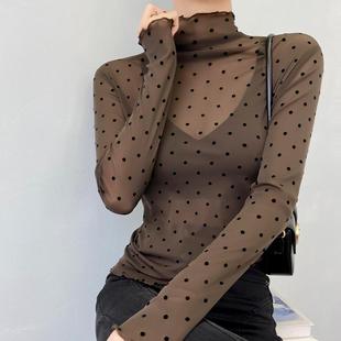 波点咖色半高领打底衫 网纱木耳边上衣薄 女秋冬内搭高级感透视薄款